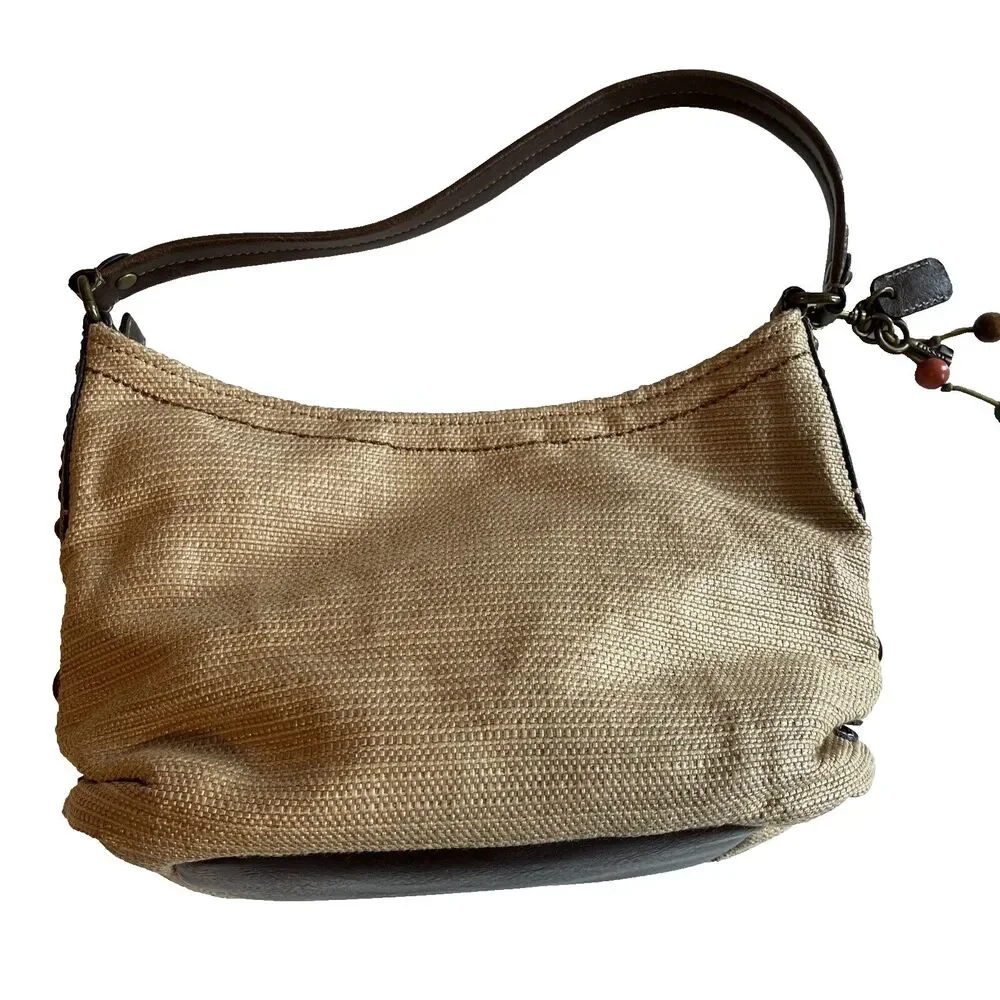 Fossil Straw Bag Genuine Classic Beige 3 Wood Beads Key Zippered Hobo Natural